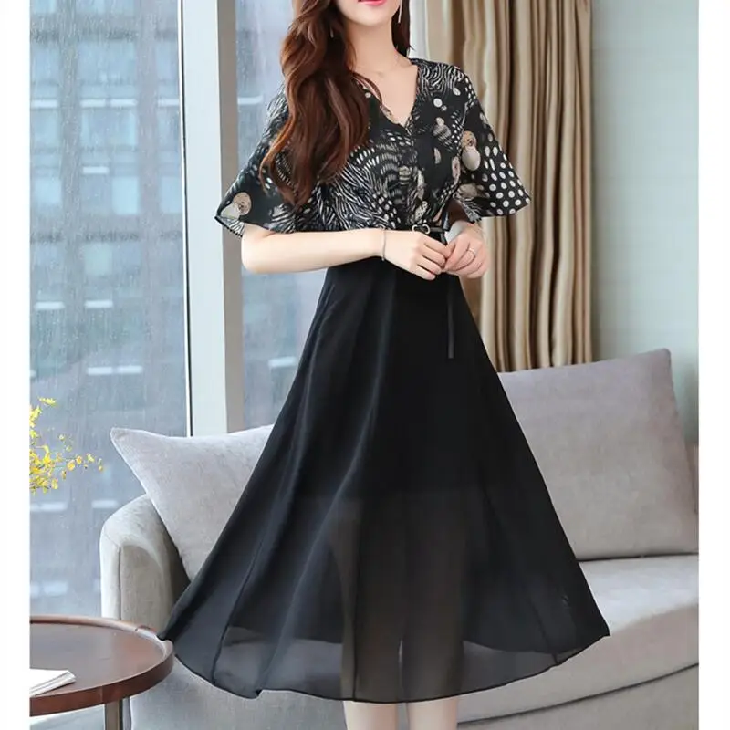 

Vestidos Mujer Verano Sundress Sukienka Midi Short Sleeve Dress Black Casual Chiffon Elegant Floral Robe Plage Vestito Floreale