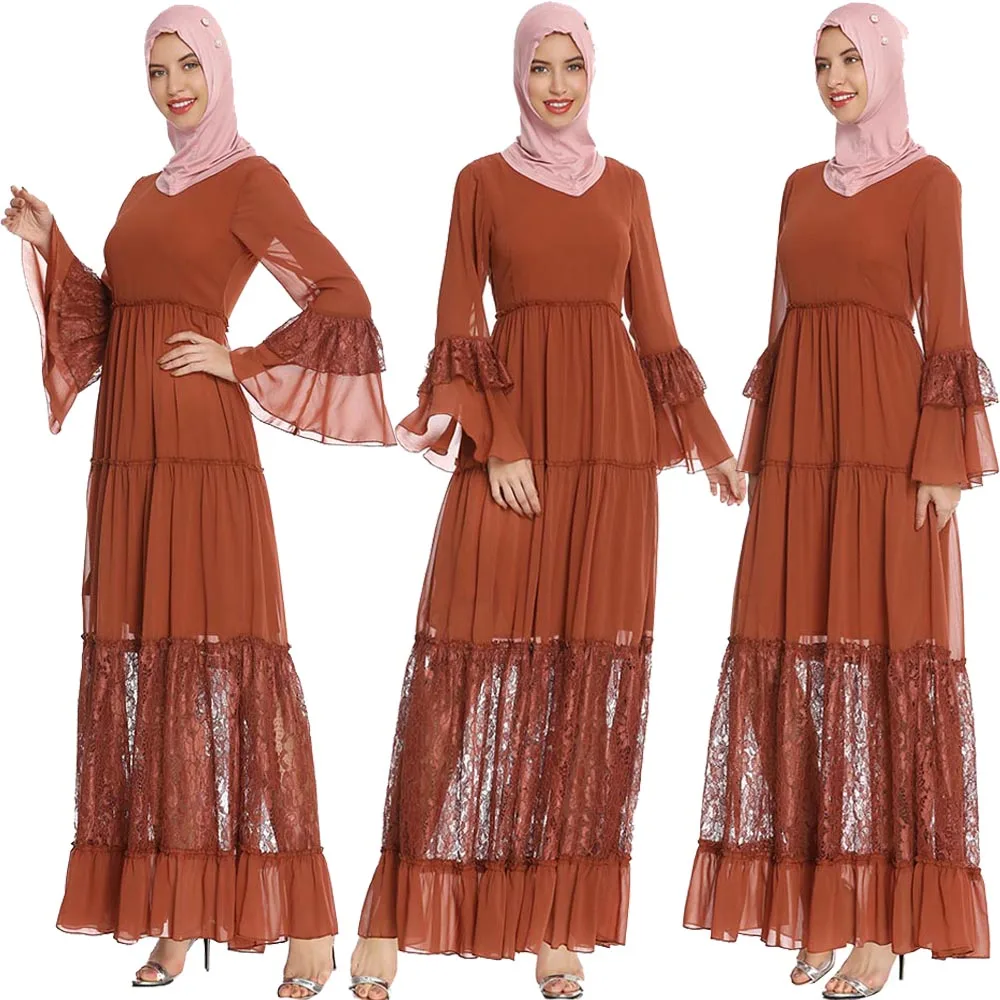 

Кружевное лоскутное мусульманское женское длинное платье из шифона с расклешенными рукавами, летнее Открытое платье с Абая, исламское, ара...