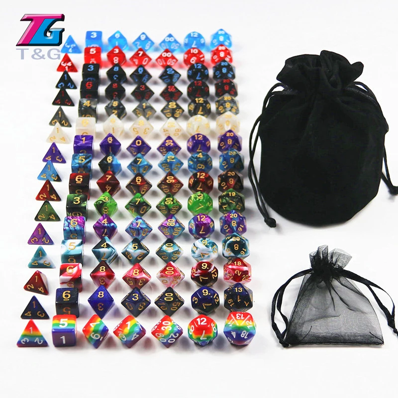 105 красочных игральных костей с черной сумкой T & G Rainbow 15 комплектов D4 D6 D8 D10 % D12 D20