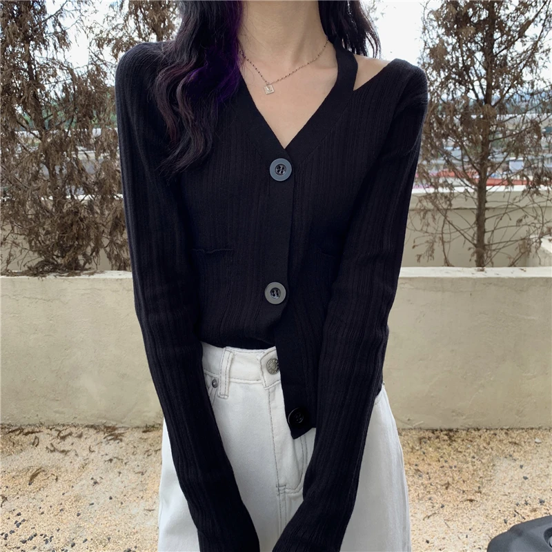 

Однобортный вязаный свитер, Женский ажурный черный джемпер с карманами и длинным рукавом, винтажные кардиганы, тонкий теплый осенний 2020 X602