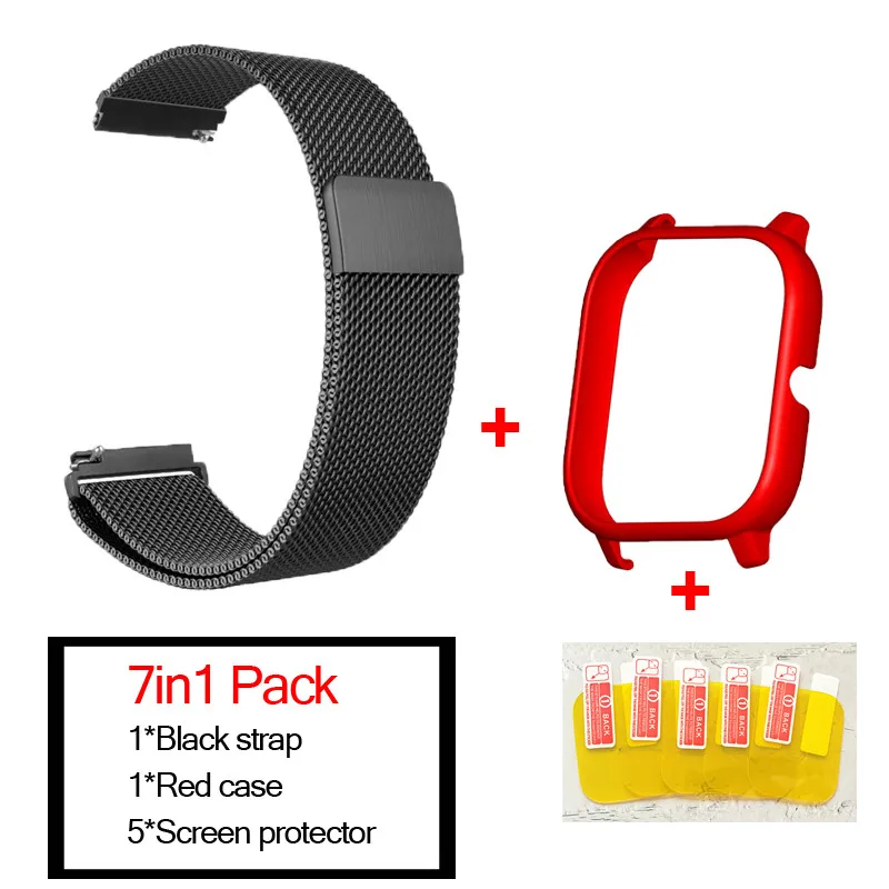 black-red 7в1 умные часы аксессуары для Huami Amazfit GTS ремешок из нержавеющей стали магнитный браслет для Amazfit gts чехол Защитная пленка - Цвет: black-red