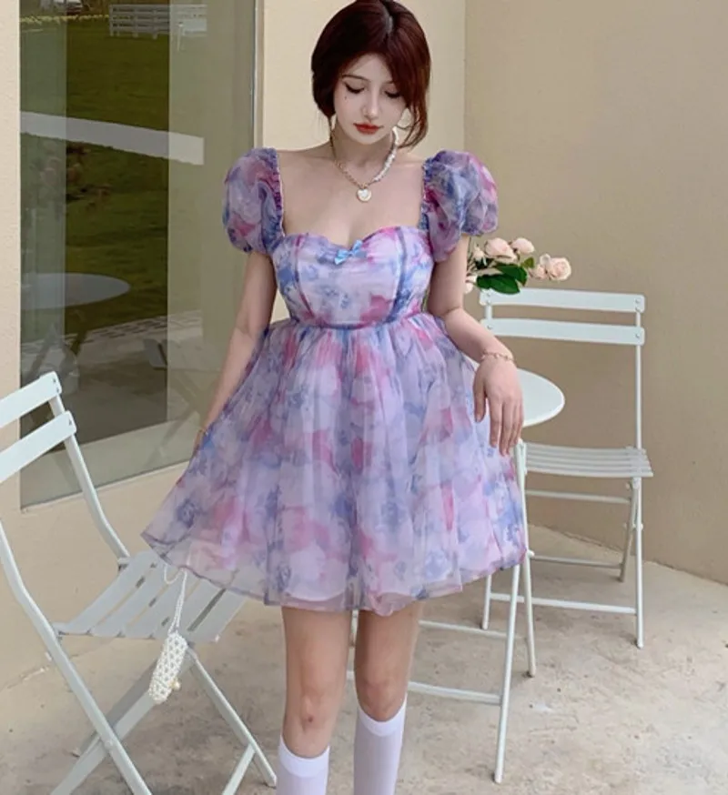 

2021 summer Oil Painting Retro Floral Tunic Dress Women Puff sleeve Pleated Ball Gown Short Sleeve Dress
