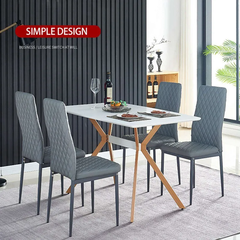 

Set of 6 Modern Minimalist Dining Chairs Fireproof Leather Sprayed Metal Pipe Diamond Grid Pattern Restaurant Home Conference