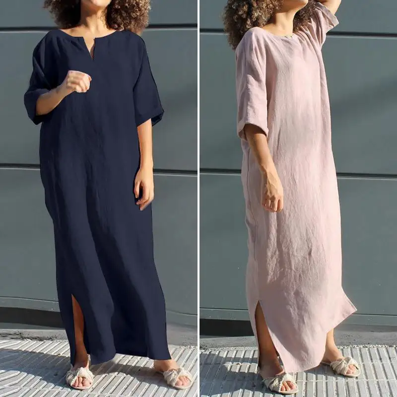 Женское длинное свободное платье большого размера с V образным вырезом|Женские