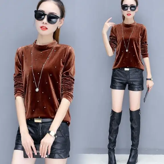 Блузка с жемчужинами и бусинами осень 2020 Женская бархатная блузка рубашка