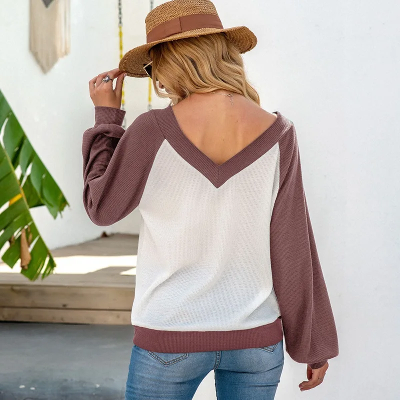 

Women Long Sleeve V-neck Color Block Top Fashion Long Sleeve Pullover Knit Top for Women Ladies