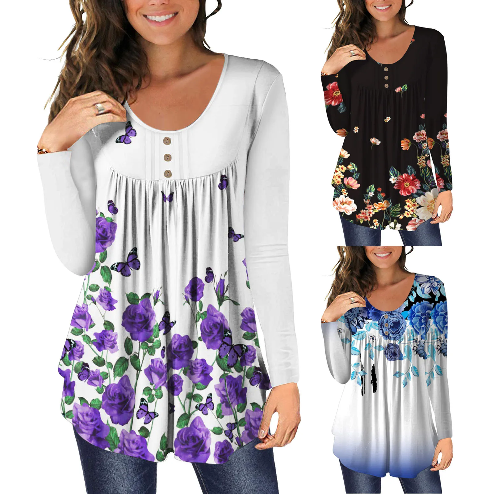 

Винтажная женская блузка, рубашки с цветочным принтом, модная Свободная блузка в уличном стиле с круглым вырезом и градиентным принтом, Пов...