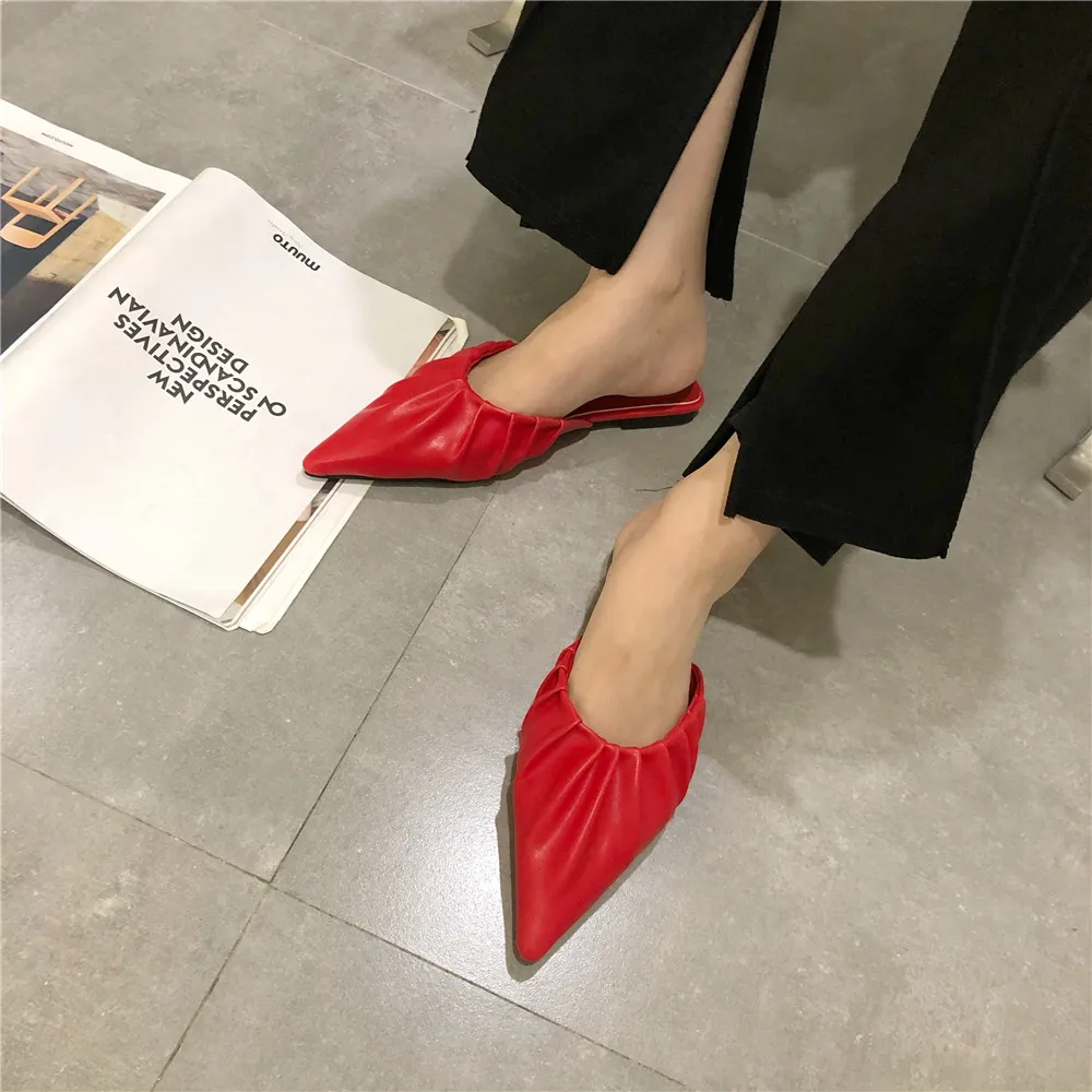 MOLAN Brand Designers 2020 Spring New Fashion Shallow Pleated Leather Point Shoes Flat Slippers Slip On Loafers Mules Flip Flops | Обувь