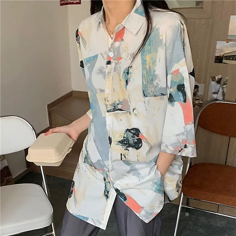 

Simple Summer Preppy Girls Blouse Top Vintage Ins Loose Leisure Womens Shirts New Blouses Women Chic Boyfriend Harajuku Printed