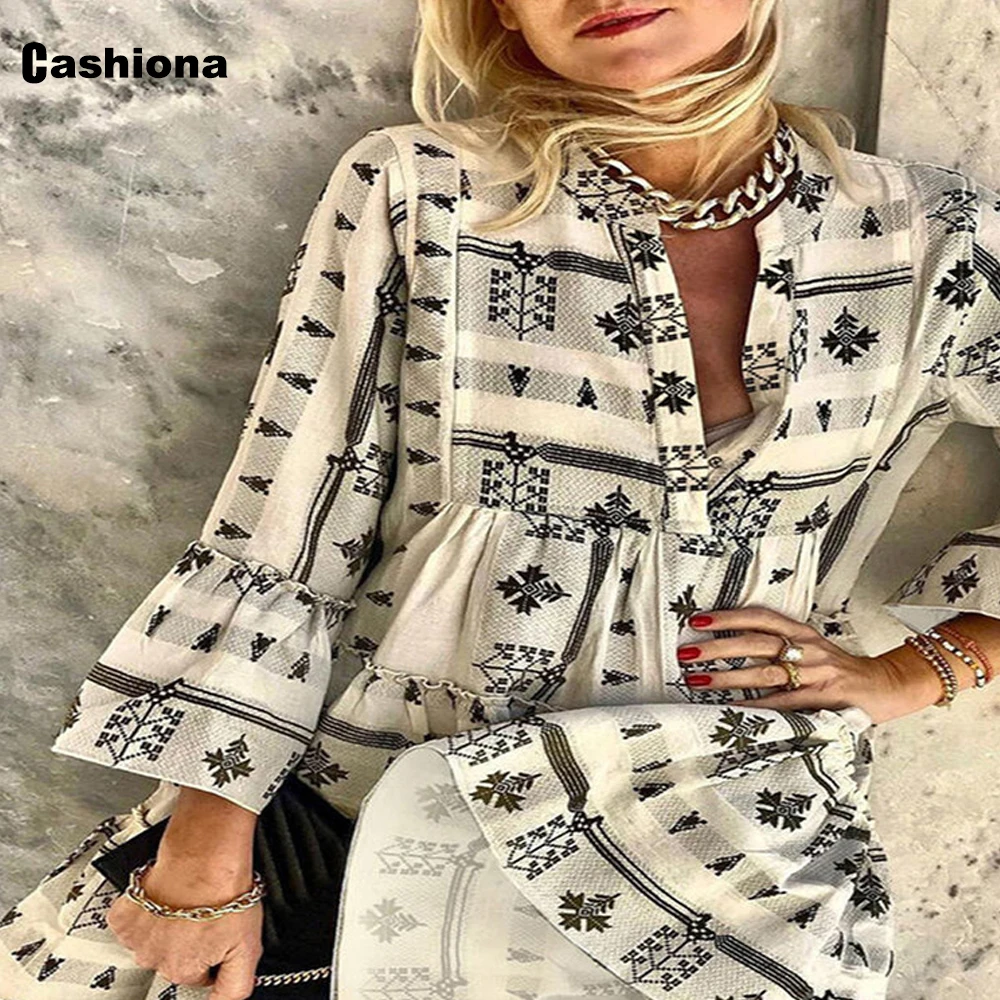 

Cashiona Plus size 3xl Women Sexy Chic Dress Long Sleeve Model Print Dresses Ladies Boho Summer Loose Dress Femme Clothing 2021