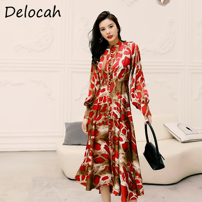 

Delocah женская летняя обувь модные взлетно-посадочной полосы вечерние миди платье с рукавами-фонариками с завышенной талией, с принтом в виде ...