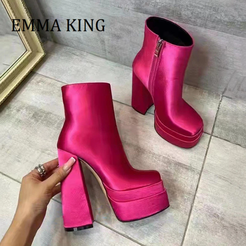 

New Women Platform Short Boots Shiny Satin Chunky Heels Ankle Boots Sexy Square Toe Club Party Dress Shoes Women Plus Size 43