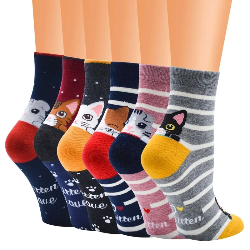 

New Style Women Socks Autumn and Winter Cartoon Cat Fashion Interest Stripe Colorful Comfortable Soft Elasticity Female Sock