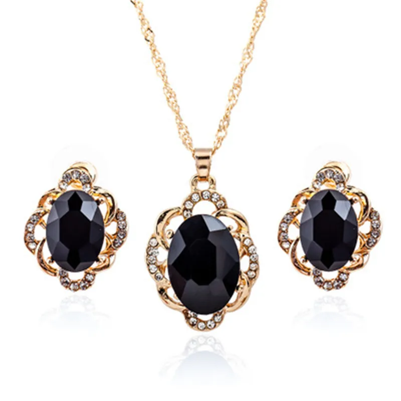 

New Fund Is Popular Gem Female Ellipse Black Gem Ear Nail + Necklace Geometry Is Full Drill Two Sets Necklace Act The Role Of