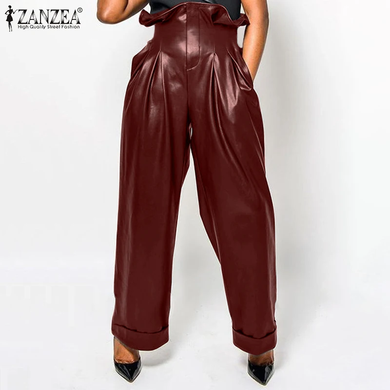 

Брюки ZANZEA женские из искусственной кожи, повседневные однотонные плиссированные брюки оверсайз с высокой талией и широкими штанинами, с об...