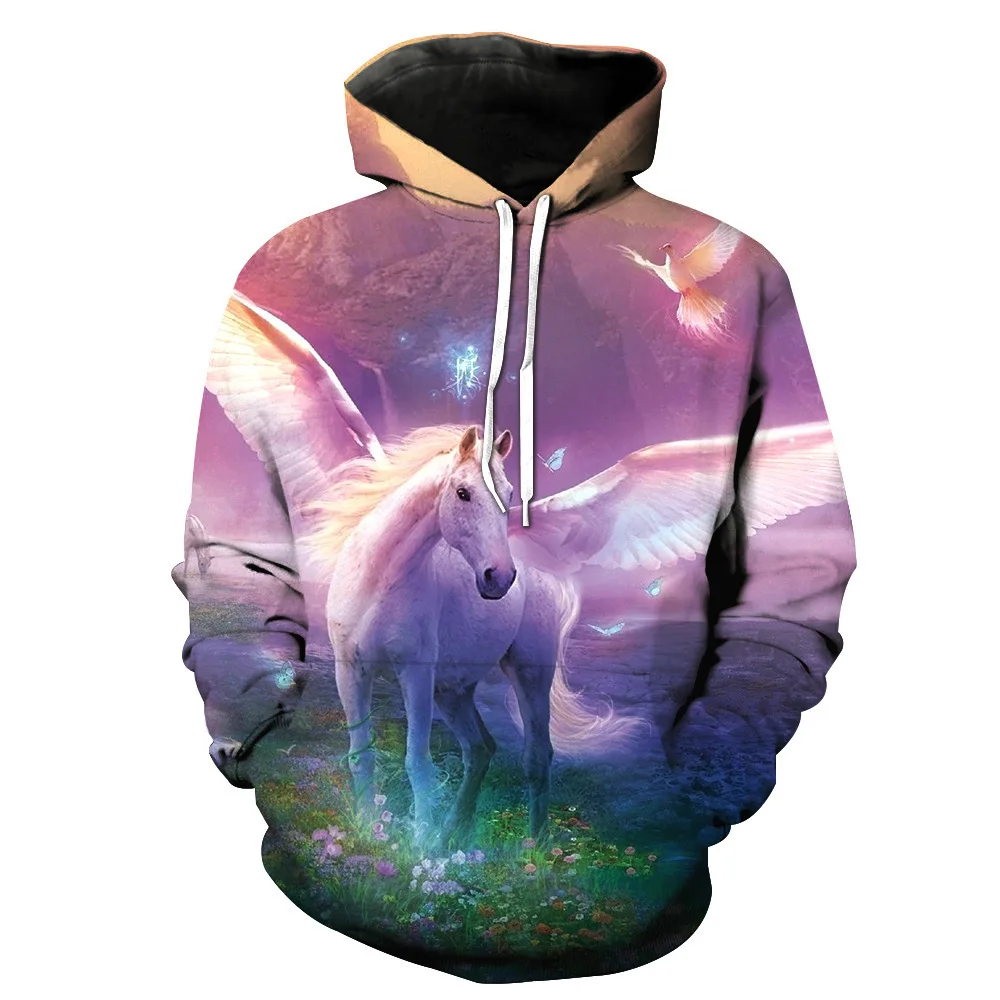

CNUUIKOOEK Sweatshirts Men's 3D White Pegasus Printed Hooded Pocket Pullover Hoody Fashion Hooded Men's Hoodies