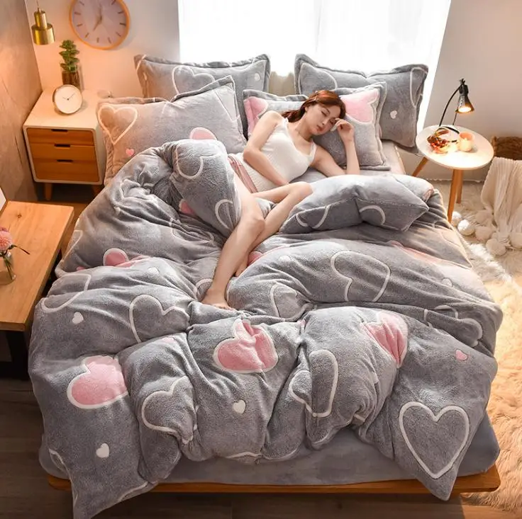 L Winter Flannel Fleece duvet cover single Comforter cover Home textile 1pc cartoon Solid warm quilt cover Velvet bedcover - Цвет: L