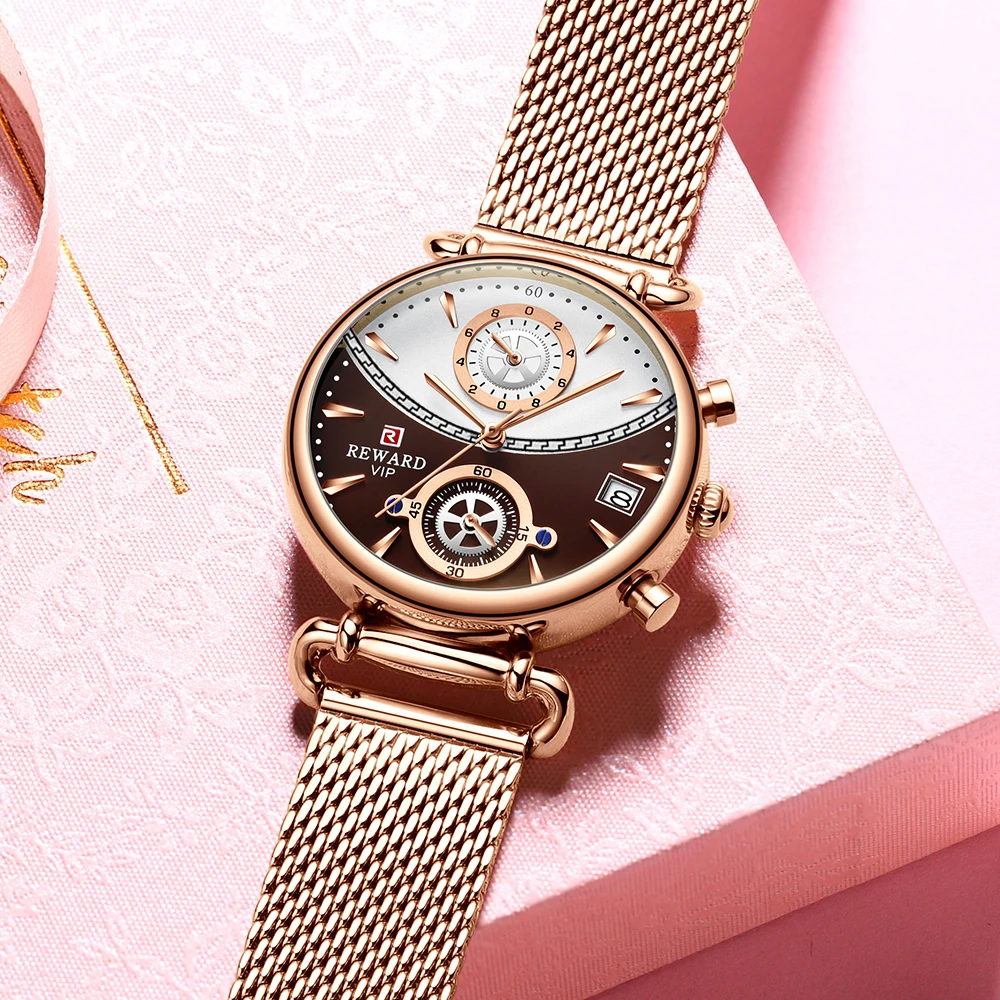 REWARD Women Watches Fashion Rose Gold Female Clock Business Quartz Watch Men Stainless Steel Waterproof Wrist Watch Relogio