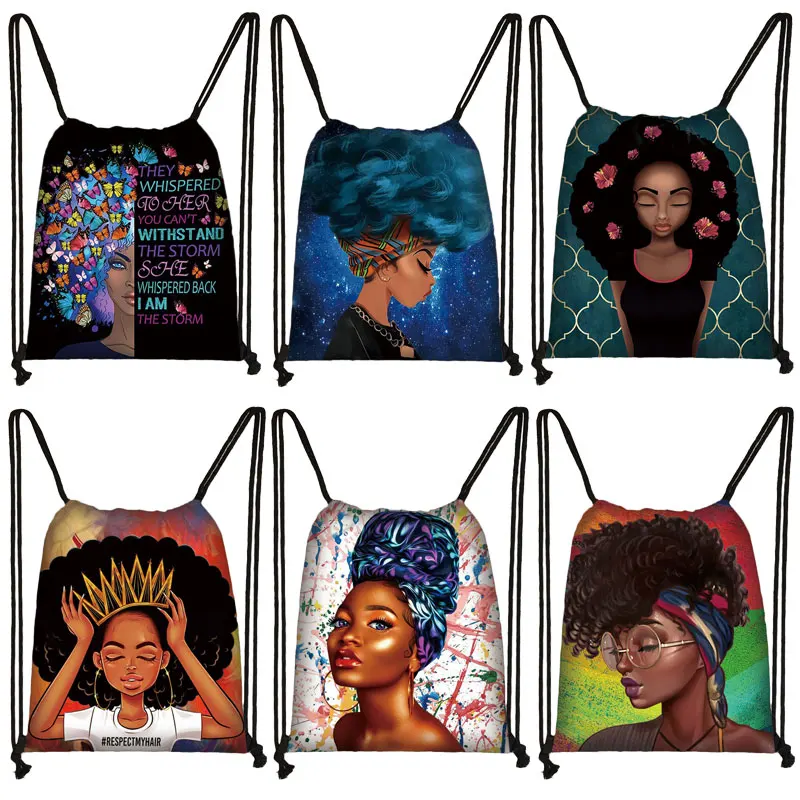 

New Style Afro Girls Pattern Drawstring Bag Women Storage Bags for Travel Africa Ladies Canvas Backpack Bookbag Shoes Holder