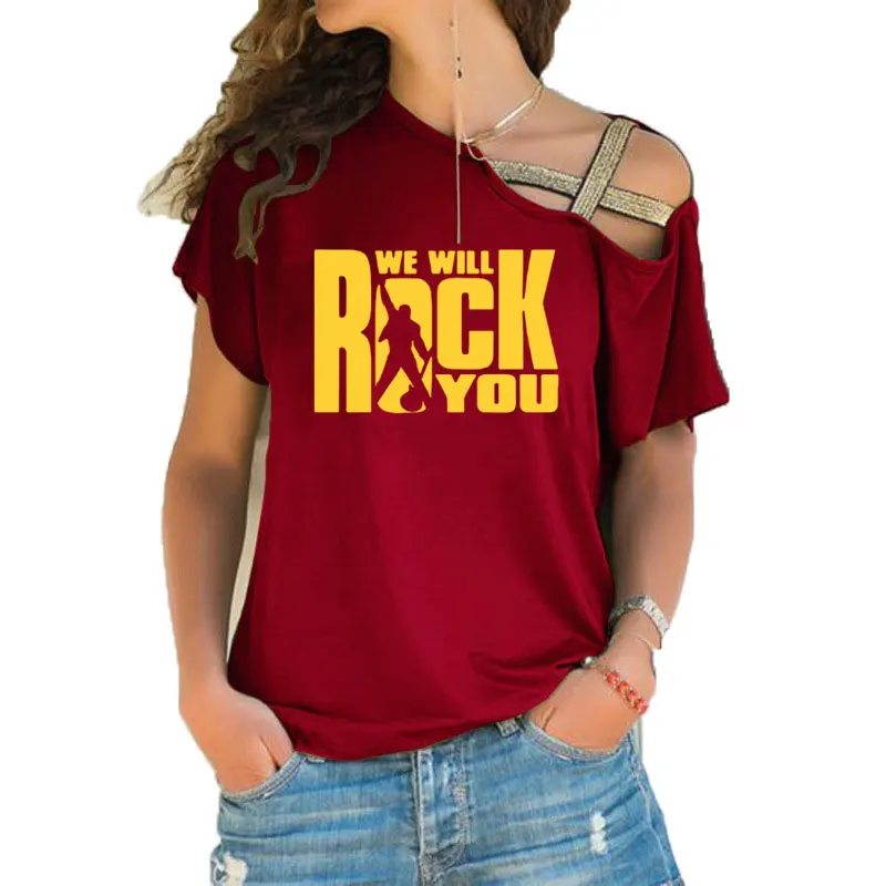 We Will Rock You, женская футболка, летняя, queen, рок-группа, футболка, короткий рукав, хлопок, рок-ролл, для женщин, с неровным перекосом, крест, топы - Цвет: 9
