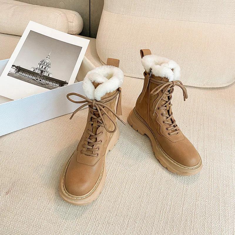 Murah Asumer 2021 Sepatu Kulit Asli Tebal Bulu Salju Boots Round Toe Nyaman Datar Sepatu Kasual Wanita Musim Dingin Sepatu Bot