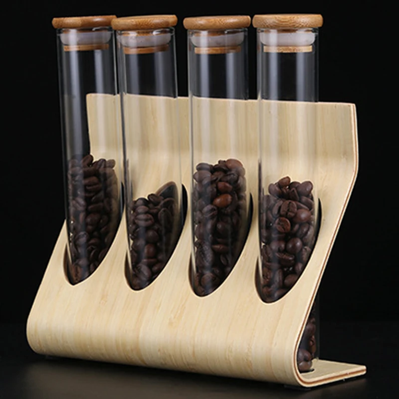 

LBER Wooden Coffee Beans Tea Display Rack Stand Glass Test Tube Sealed Storage Decorative Ornaments Cereals Canister for Barista