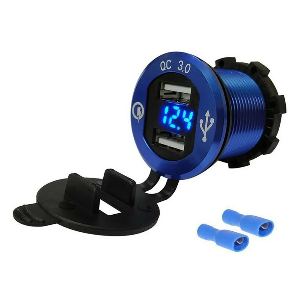 

QC3.0 Dual USB Car Fast Charger Socket Power Outlet LED Voltmeter Waterproof Blue12V-24V 5V Aluminum Metal QC3.0 2 USB Charger