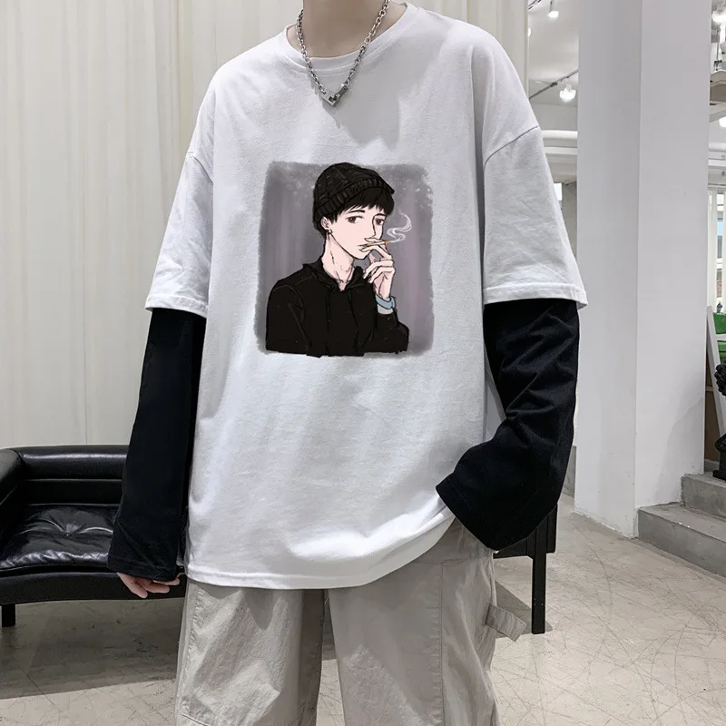

2021ins fake two long sleeve T-shirts men's print loose T-shirts men's clothes on a hair