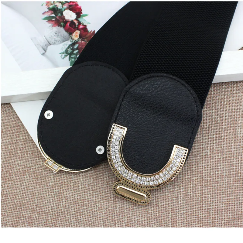 

Fashion Wide Women Belts Elastic Canvas PU Leather Cummerbund Metal Hook Waist Belt Waistband Designer Belts For Women