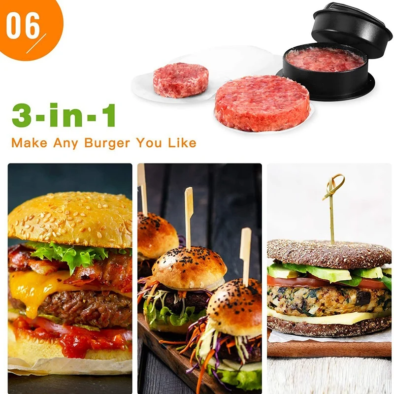 

3 in 1 Burger Press Patty Stuffed Burger Maker with 120Pcs Burger Paper Non Stick Sliders Beef Burger Press - Black