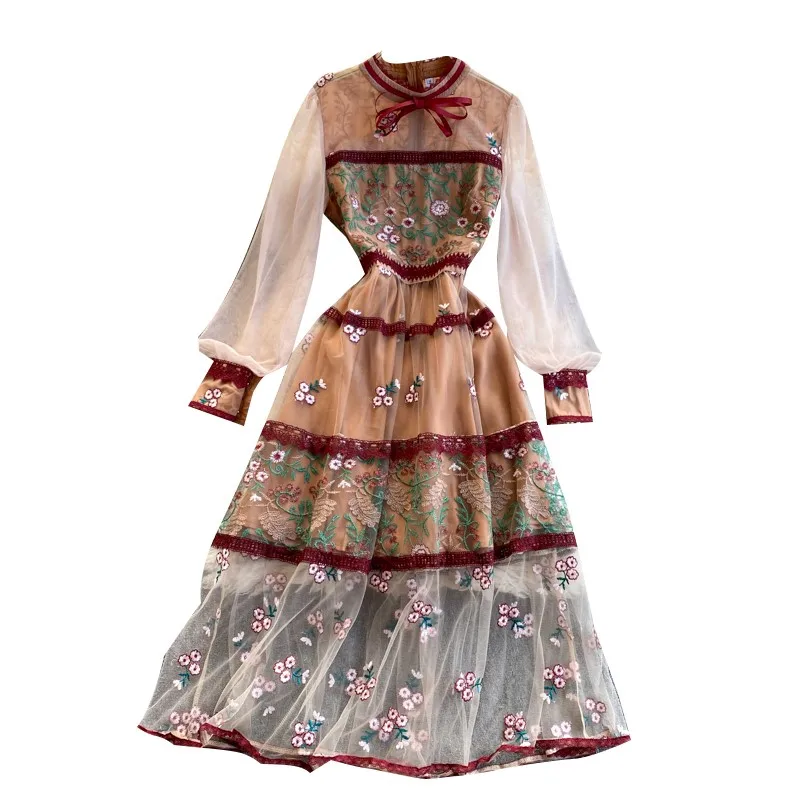 

Spring Women Elegant Lace Embroidery Patchwork Dress Vintage Ladies Stand Collar Floral Print Long Dress Autumn Vestidos