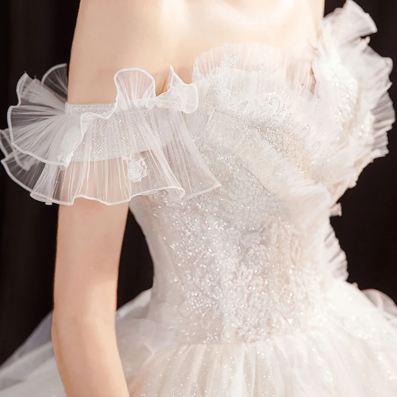 

Wedding Dresses Illusion Strapless Off The Shoulder Backless Lace Sequined Tulle Sleeveless Luxury White Women Bride Gown TS724