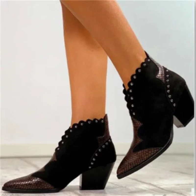 

2021 European And American Women's Low-Heeled Thick-Heeled Short Boots PU Pointed Rivet Trend Simple Women's Single Shoes
