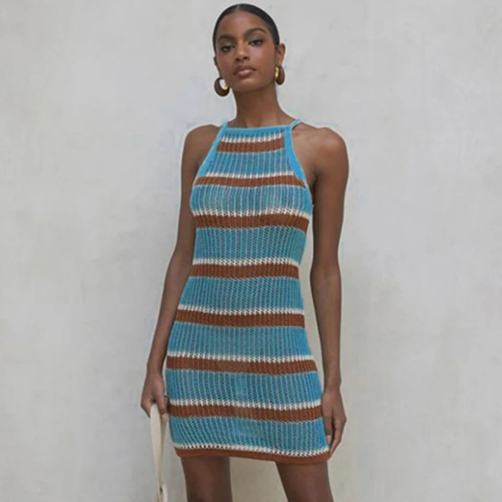 

Crochet Knitted Beach Dress 2021 New Sexy Bikini Cover Up Women Summer Beach Cover Up Sleeveless Holiday Skirt Swimsuit Cover Up
