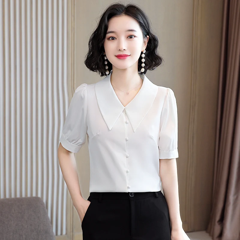 

Summer Korean Fashion Satin Women Blouses Office Lady Shirt and Blouse Short Sleeve Womens Tops Plus Size XXXL Blusa Feminina