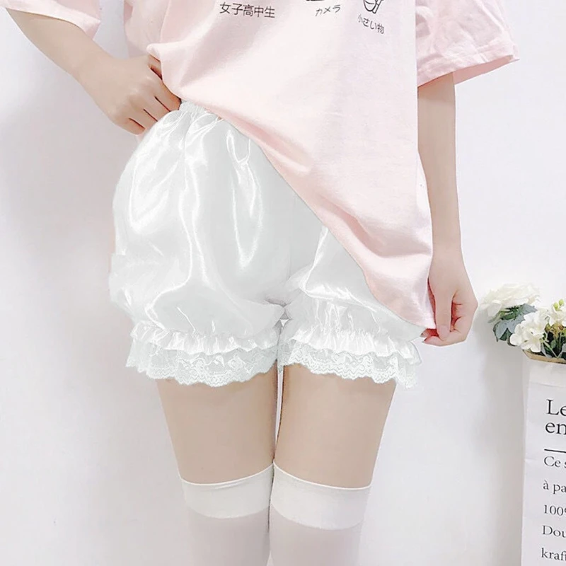 

Women Girls Silky Satin Lolita Bloomers Ruffles Lace Trim Maid Loose Pumpkin Pants Solid Color Gothic Security Shorts