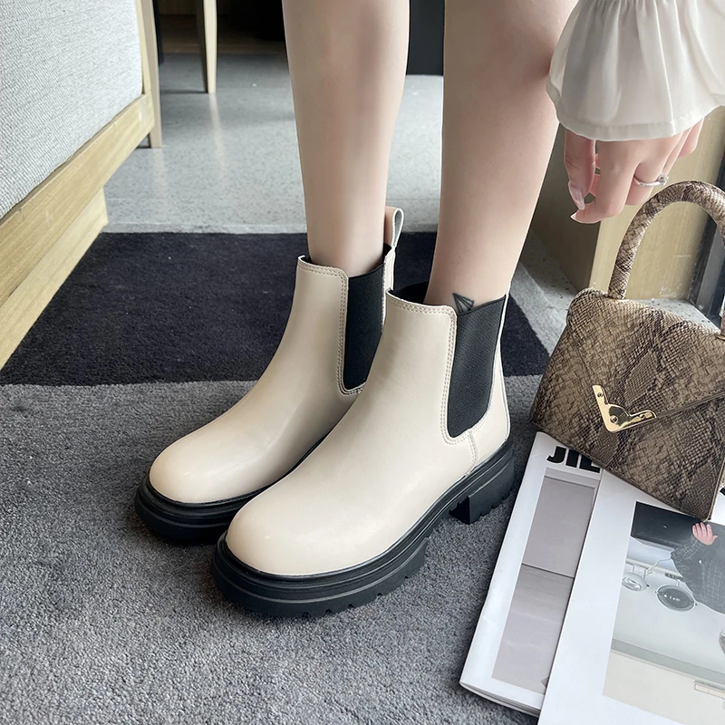

Ботинки Челси женские из ПУ кожи, полусапожки с круглым носком, на платформе, без застежки, на толстой подошве, уличный стиль