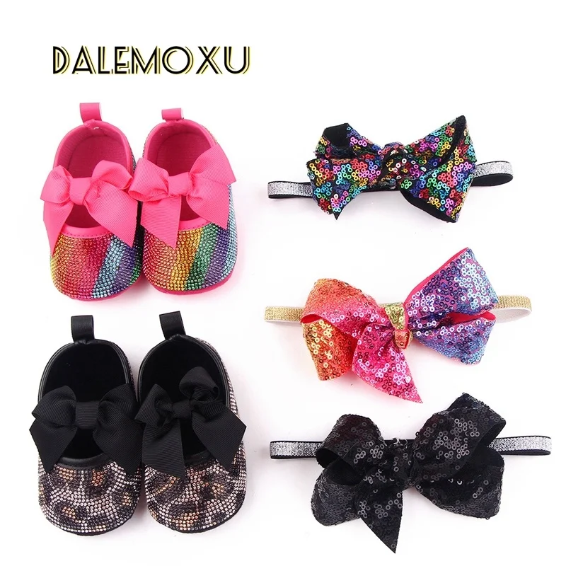 

Леопардовая обувь для новорожденных девочек 0-8 месяцев, обувь для детской кроватки с блестками + головной убор, Нескользящие кроссовки вече...