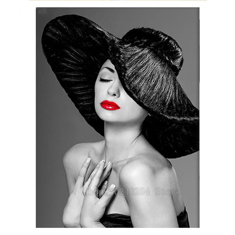 Алмазная 5D картина сделай сам женская шляпа черная белая искусство красные губы