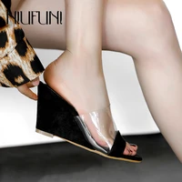 niufuni summer simple transparent pvc open toes womens slippers square toes wedge sandals high heels sexy black womens shoes