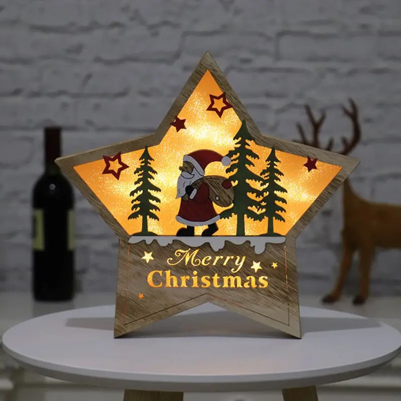 Lighting Christmas Wooden Ornament LED Stars Shape Santa Claus Deer Decor Lamp Xmas Gift