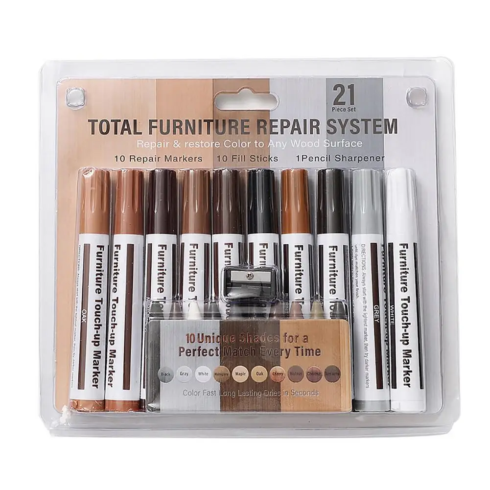 21 Pcs Furniture Touch Up Kit Markers With Sharpener Wax Sticks Paper Filler Sticks Wood Scratches Restore Kit 10 Colors