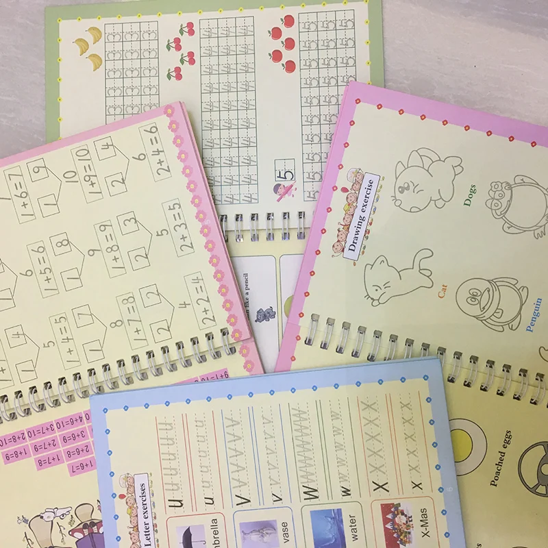 Juego de libros reutilizables para ni&ntilde;os, set de 4 libros para Aprender caligraf&iacute;a, libros de pr&aacute;ctica de escritura, juguete Montessori para beb&eacute;s-3