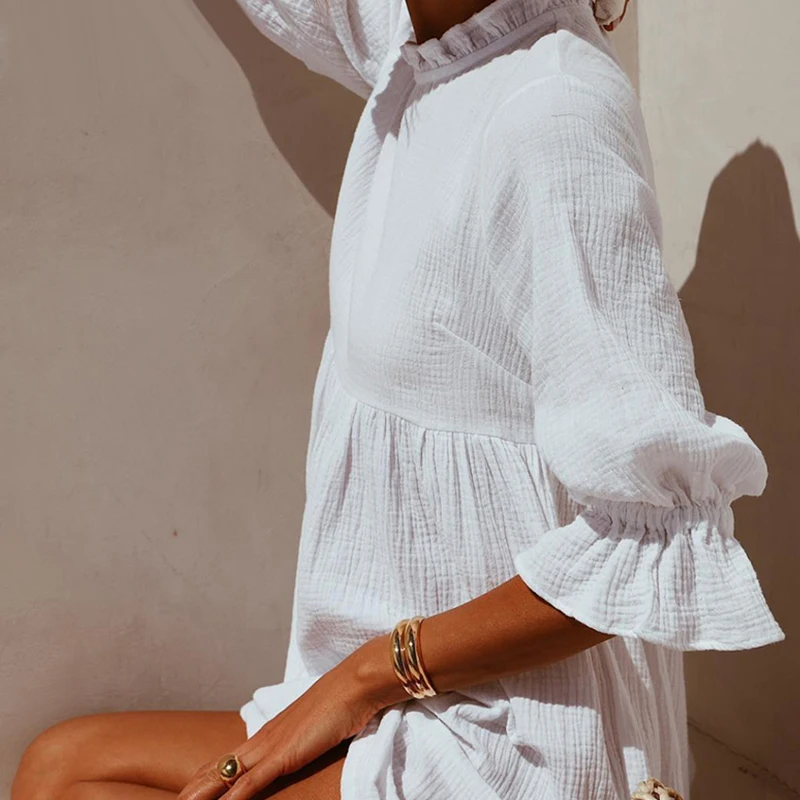 

White Summer Dress Ruffles Sweet Boho Half Sleeve Stand Collar Mini Dress 2021 Fashion Office Lady Casual Outgoing High Waist