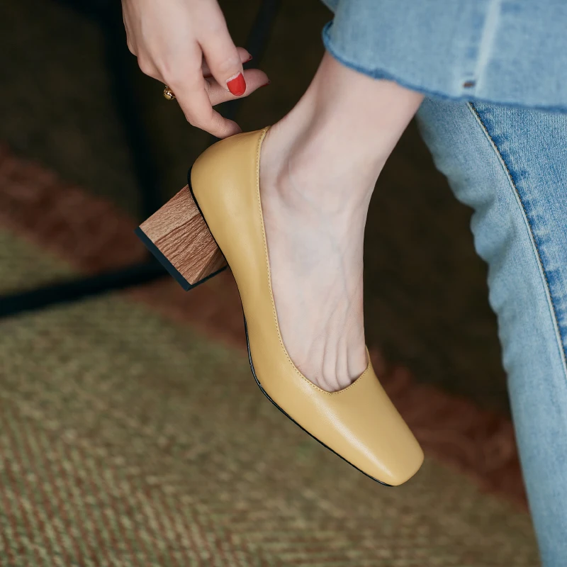 

Shallow Genuine Leather high Heels Pumps Vintage Square Toe Shoes Woman 2021 Spring Thick Heels Pumps Party Shoes