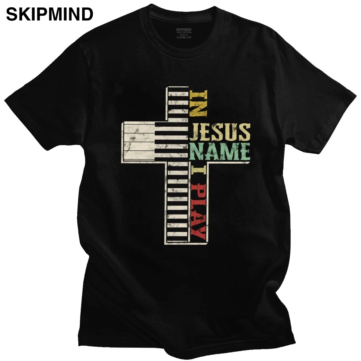 

Retro In Jesus Name I Play T Shirt Men Short Sleeve Christian Music Tshirt Christ Cross Piano Lover T-shirt Cotton Tee Top Merch