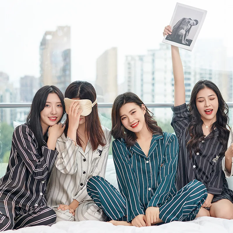 

Женская одежда для отдыха в полоску, повседневный Атласный пижамный комплект, мягкая Пижама, ночная рубашка из 2 предметов, свободная Пижама...