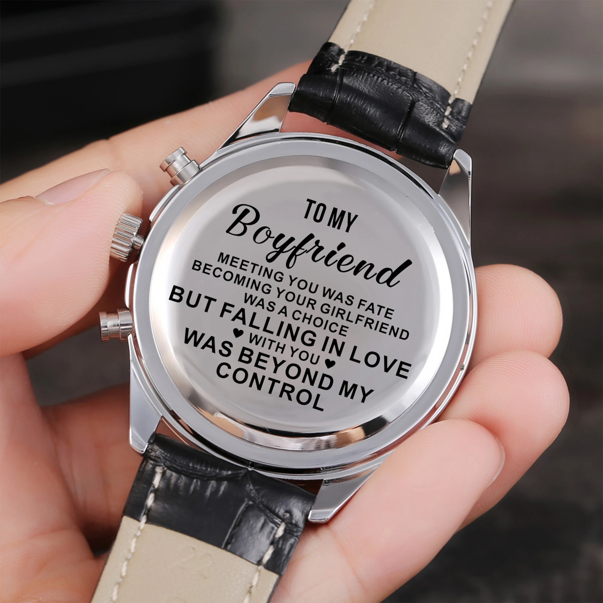 

"TO MY BOYFRIEND-ENGRAVED WATCH MANY MILES SEPARATE US BUT IT WILL NEVER ENOUGH TO STOP ME FROM LOVING YOU "