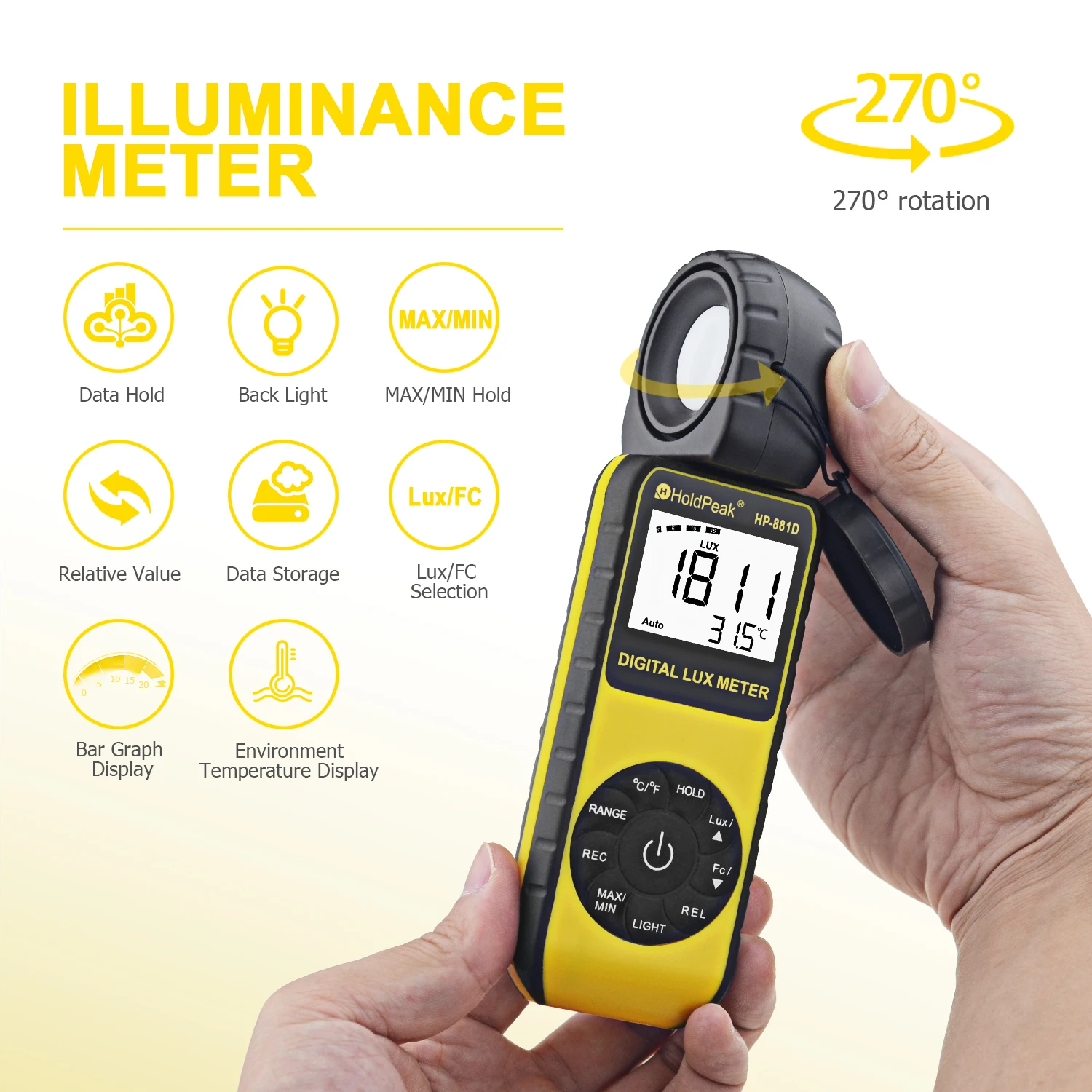 HoldPeak HP 881D Цифровой Люксметр 4000000 LUX/FC выбор высокая точность ручной Тип