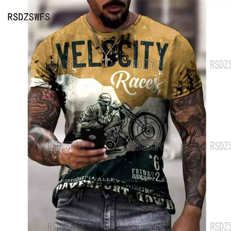 Retro 3D Print T Shirt Men Popular Street Racing Style Summer Oversize Tees Motorcycle Rider Pattern Short Sleeve Male Clothes images - 6